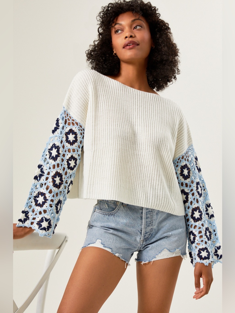 Altar'd State Ivory Pullover Blue & Navy Crochet Granny Square Sleeves Boho